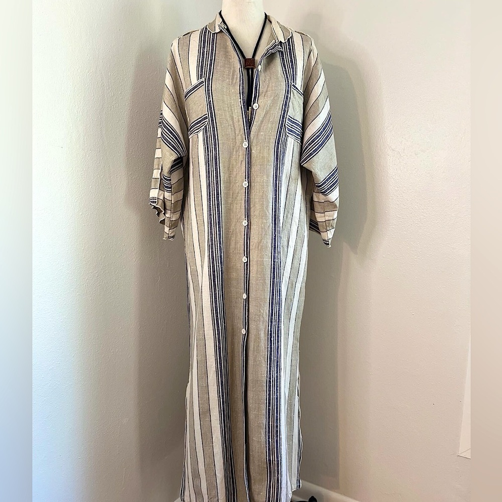 Sold Linen Striped Maxi Caftan Dress - Picture 1 of 7